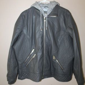 Gray hooded faux leather jacket.